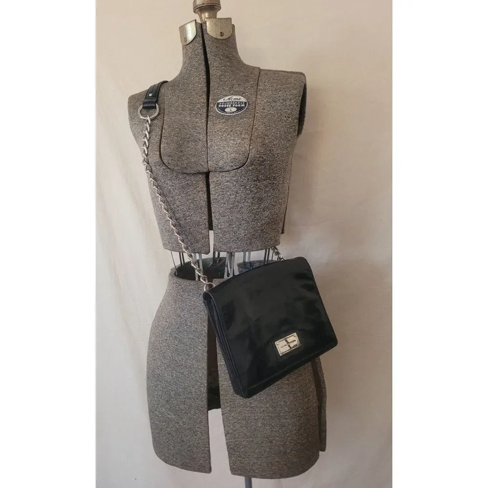 90s Y2K Via Spiga Black Shoulder Crossbody Bag Purse Leather‎ Chain Goth Grunge